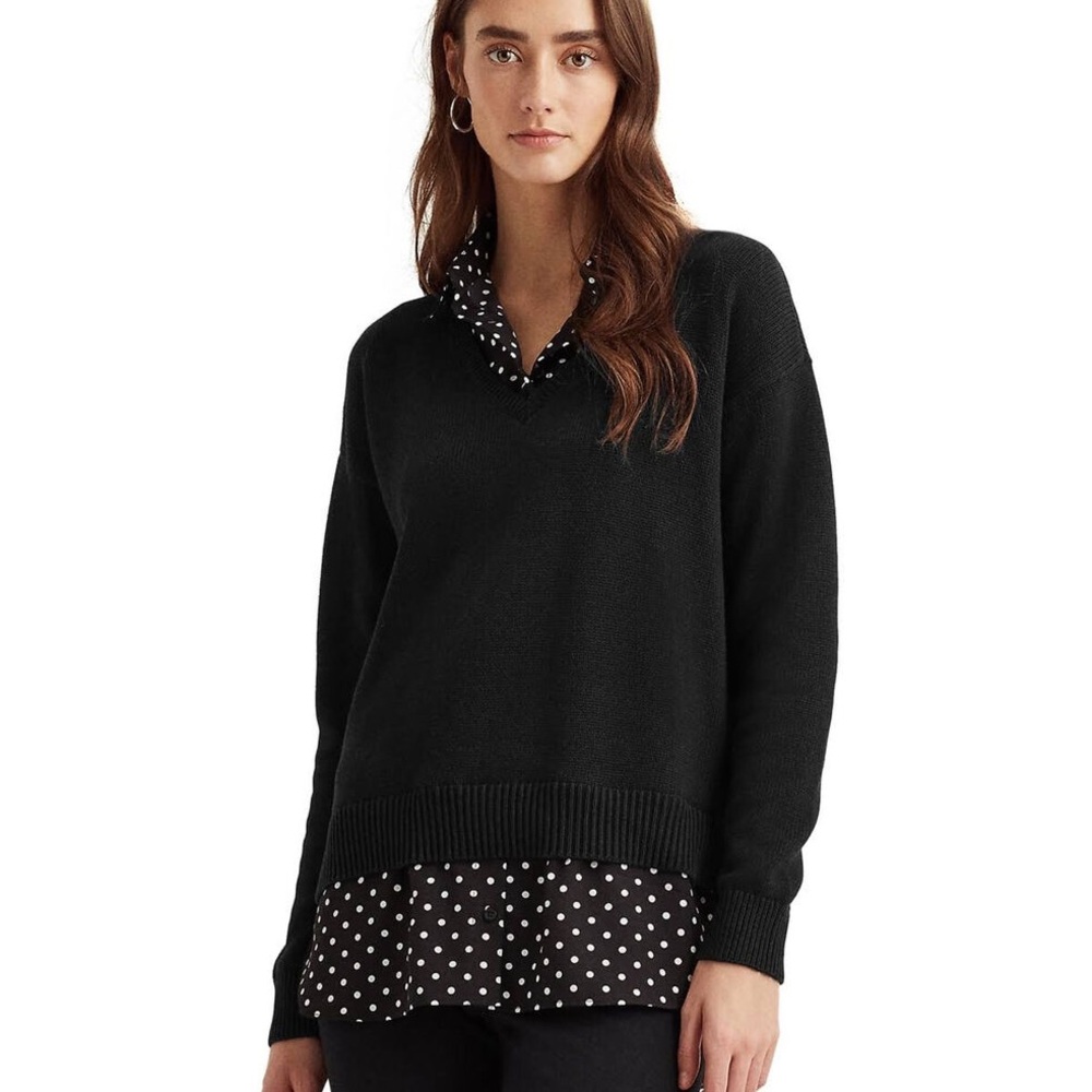 Ralph Lauren Layered Polka-Dot V-Neck Sweater - xs